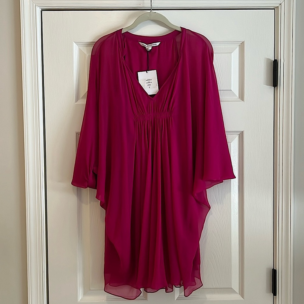 Diane Von Furstenberg Fleurette Fuchsia Flowing V-Neck Batwing Dress NWT